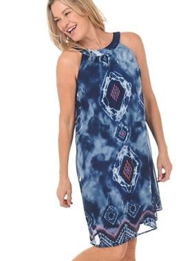 Mlle Gabrielle Sleeveless Navy Tie-Dye Shift Dress w/Geometric Print Siz 3X NWOT